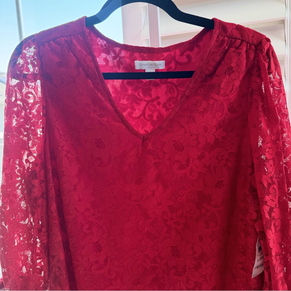 Charter Club Lace overlay blouse with 3/4 sleeves and cuff ties. Size Large - Picture 15 of 17